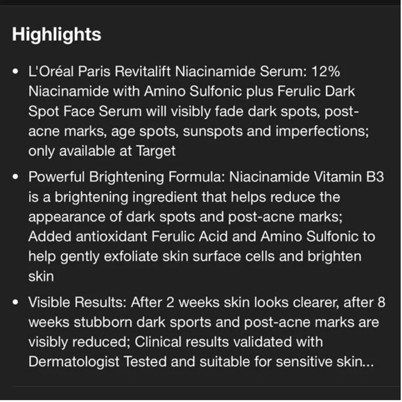 L’Oréal Derm Intensives 12% Niacinamide+Amino Sulfonic+Ferulic Dark Spot Serum - Picture 3 of 7